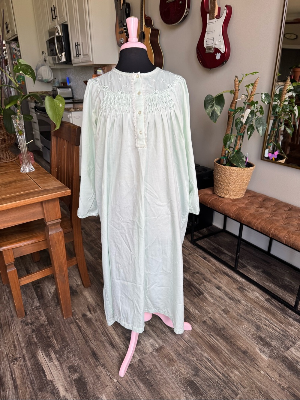 Miss Elaine Long sleeve Women's Nightgown with Embroidered Yoke - Light Mint
